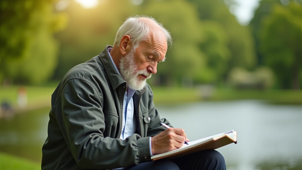 Senjoras piešia gamtos vaizdą sketchbook'e parke, gražus oras, žalia aplinka